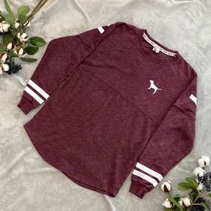 PINK crew neck loose fitting sweatshirt. Maroon with white lettering. Womens XS